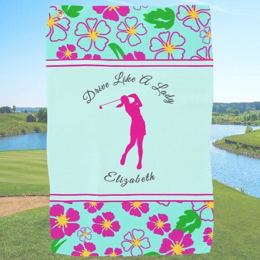 Lady Golfer Roze Bloemen Preppy Aangepaste naam Da Golfhanddoek