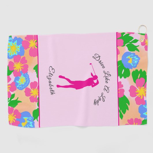 Lady Golfer Roze Bloemen Preppy Aangepaste naam Da Golfhanddoek (Horizontaal)