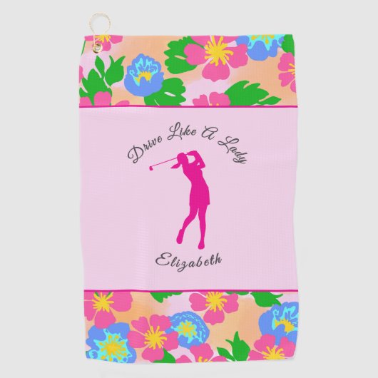 Lady Golfer Roze Bloemen Preppy Aangepaste naam Da Golfhanddoek (Voorkant)