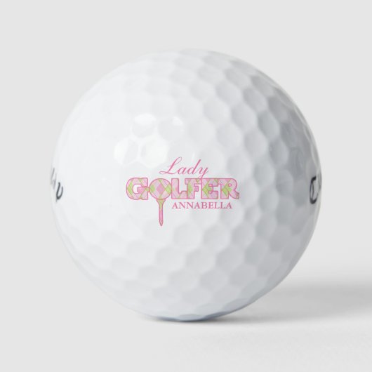 Lady golfer roze plaid personaliseren cadeau golf  golfballen (Voorkant)