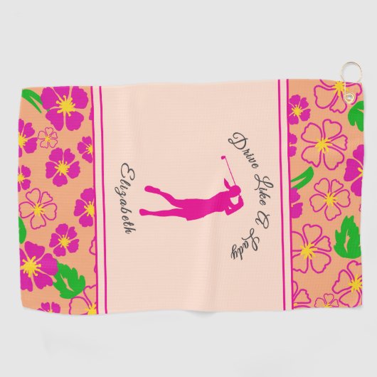 Lady Golfer Roze Sinaasappel Preppy Custom Naam Da Golfhanddoek (Horizontaal)