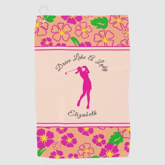 Lady Golfer Roze Sinaasappel Preppy Custom Naam Da Golfhanddoek (Voorkant)