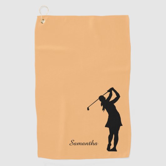 Lady Golfer Silhouette Black Oranje monogram Golfhanddoek (Voorkant)
