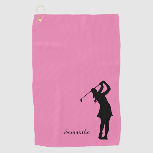 Lady Golfer Silhouette Black Roze Monogram Golfhanddoek (Voorkant)