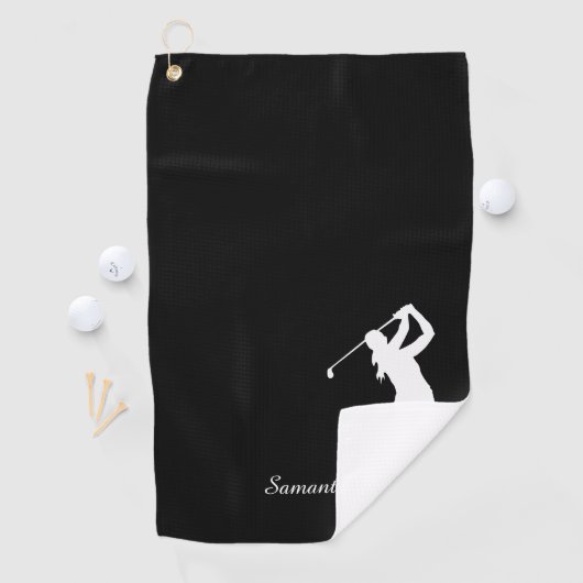 Lady Golfer Silhouette Black White Monogram Golfhanddoek (Insitu)