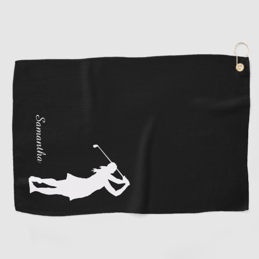 Lady Golfer Silhouette Black White Monogram Golfhanddoek (Horizontaal)