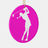 Lady Golfer Silhouette Ornament met naam Roze (Rechts)