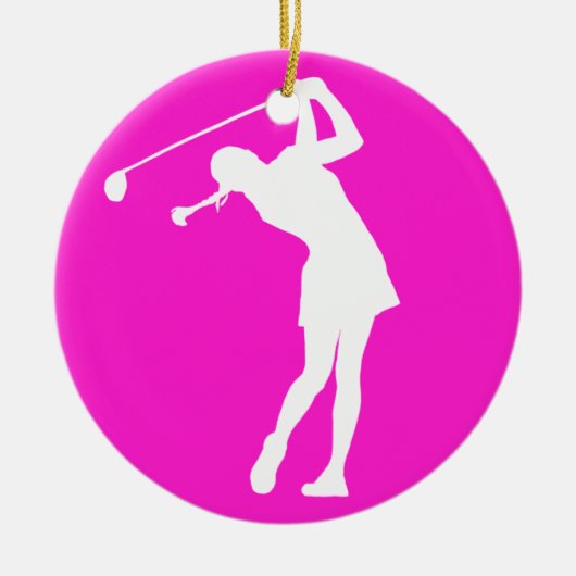 Lady Golfer Silhouette Ornament met naam Roze (Voorkant)