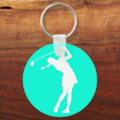 Lady Golfer Silhouette Sleutelhanger Turquoise (Voorkant)