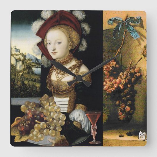 LADY, GRAPES, ANTIEK DRUIVENWIJN VIERKANTE KLOK (Voorkant)