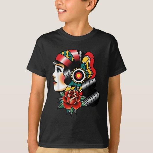 Lady Head Amerikaanse Traditional Tattoo Old Schoo T-shirt (Voorkant)
