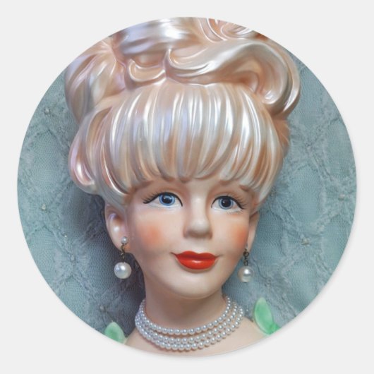 Lady Head Vase Big Bouffant Hair Pearls Ronde Sticker (Voorkant)