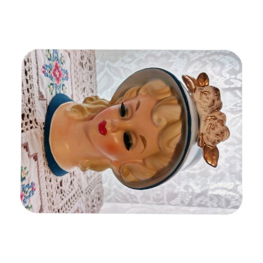 Lady Head Vase Blonde Teen Blue Pet Flower Magneet (Horizontaal)