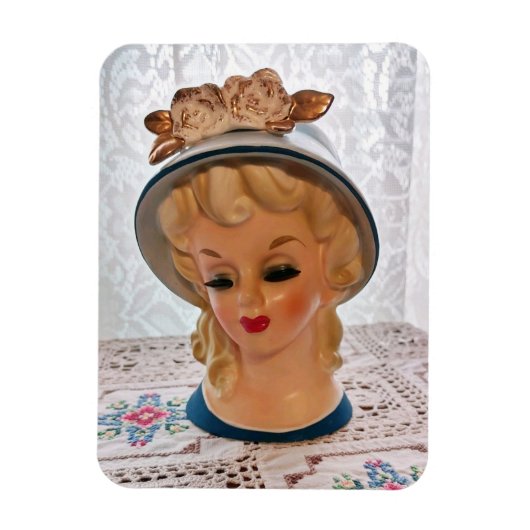 Lady Head Vase Blonde Teen Blue Pet Flower Magneet (Verticaal)