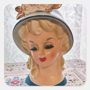 Lady Head Vase Blonde Teen Blue Pet Flower Vierkante Sticker