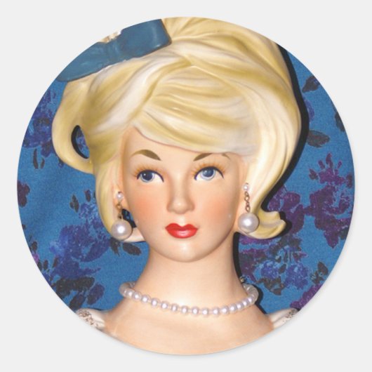 Lady Head Vase Teen Big Hair Blue Bow Ronde Sticker (Voorkant)