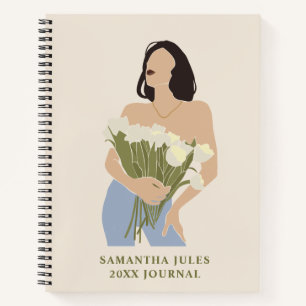 Lady Holding Bouquet van bloemen Green Abstract Ar Notitieboek