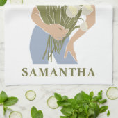 Lady Holding Bouquet van bloemen Green Abstract Ar Theedoek (Gevouwen)