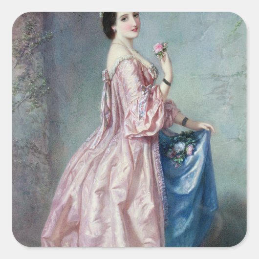 Lady holding Flowers in haar Petticoat Vierkante Sticker (Voorkant)