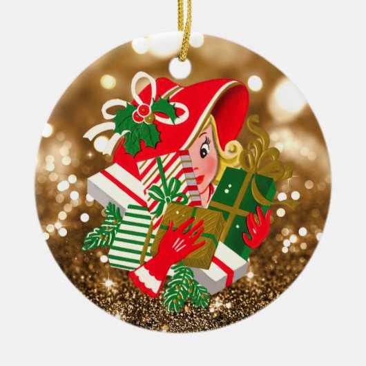 Lady Holding kerstcadeautjes Gold Bokeh Keramisch Ornament (Voorkant)
