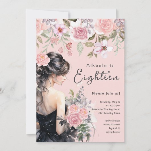 Lady in Black Gown Roze 18e verjaardag Kaart (Voorkant)
