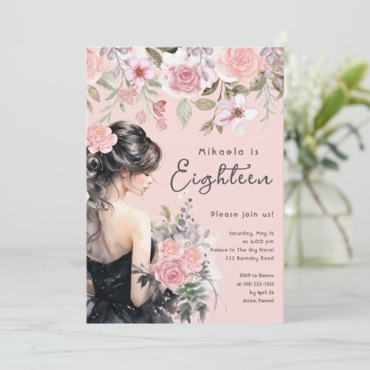 Lady in Black Gown Roze 18e verjaardag Kaart (Staand voorkant)