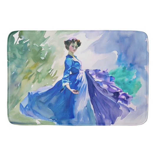 Lady in Blue Dress - Waterverf Schilderij Badmat (Voorkant)