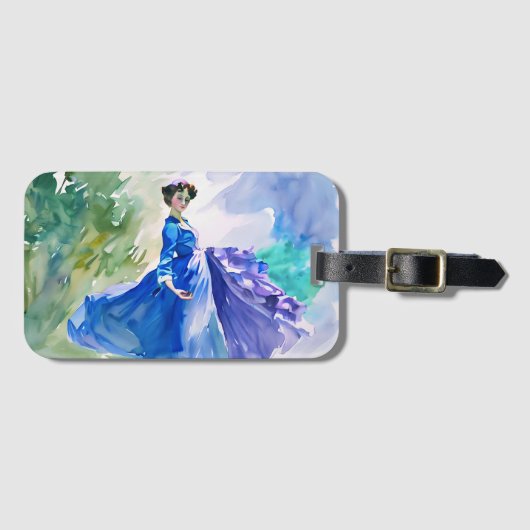 Lady in Blue Dress - Waterverf Schilderij Bagagelabel (Voorkant (horizontaal))