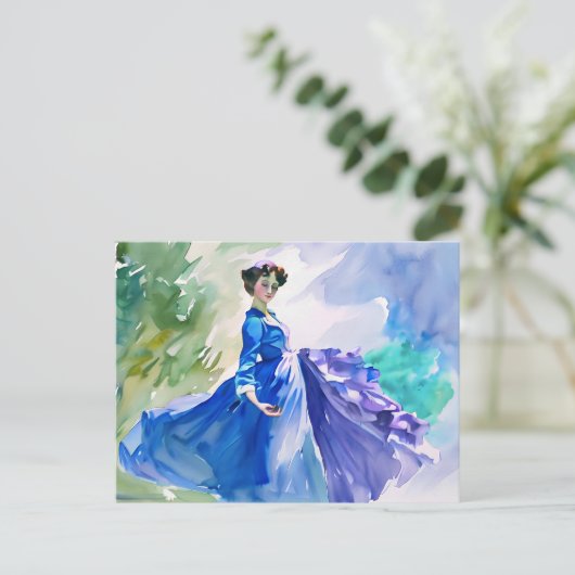 Lady in Blue Dress - Waterverf Schilderij Briefkaart (Staand voorkant)