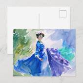 Lady in Blue Dress - Waterverf Schilderij Briefkaart (Voorkant / Achterkant)