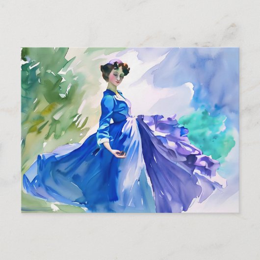 Lady in Blue Dress - Waterverf Schilderij Briefkaart (Voorkant)