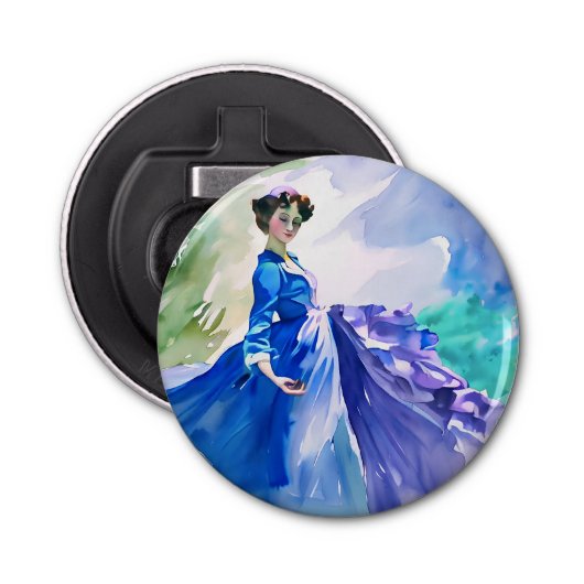 Lady in Blue Dress - Waterverf Schilderij Button Flesopener (Voorkant)