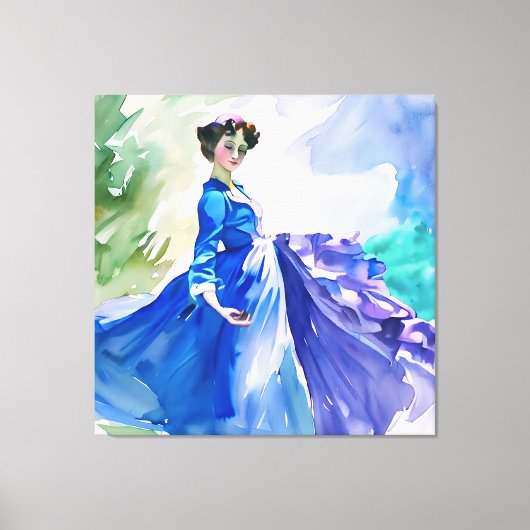 Lady in Blue Dress - Waterverf Schilderij Canvas Afdruk (Voorkant)