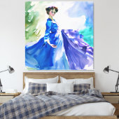 Lady in Blue Dress - Waterverf Schilderij Canvas Afdruk (Insitu (Slaapkamer))