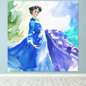 Lady in Blue Dress - Waterverf Schilderij Canvas Afdruk (Insitu (Houten vloer))