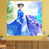 Lady in Blue Dress - Waterverf Schilderij Canvas Afdruk (Insitu (Woonkamer))