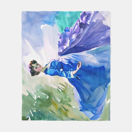 Lady in Blue Dress - Waterverf Schilderij Fleece Deken (Voorkant)