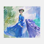 Lady in Blue Dress - Waterverf Schilderij Fleece Deken (Voorkant (Horizontaal))