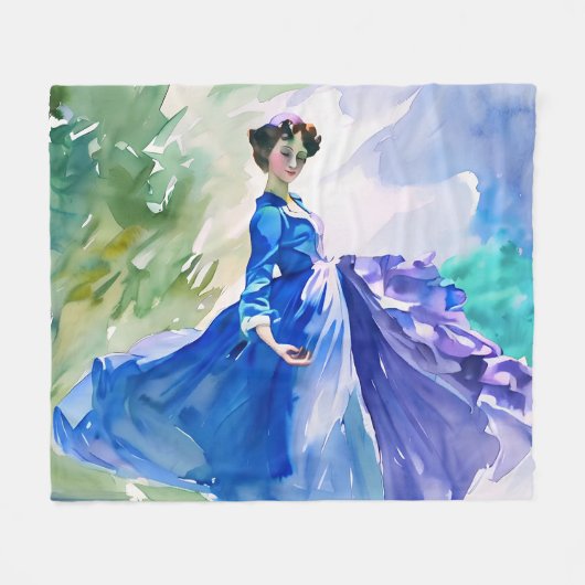 Lady in Blue Dress - Waterverf Schilderij Fleece Deken (Voorkant (Horizontaal))