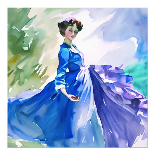 Lady in Blue Dress - Waterverf Schilderij Foto Afdruk (Voorkant)