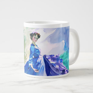 Lady in Blue Dress - Waterverf Schilderij Grote Koffiekop