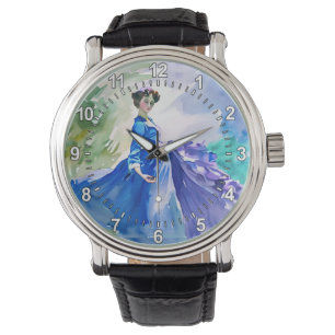 Lady in Blue Dress - Waterverf Schilderij Horloge