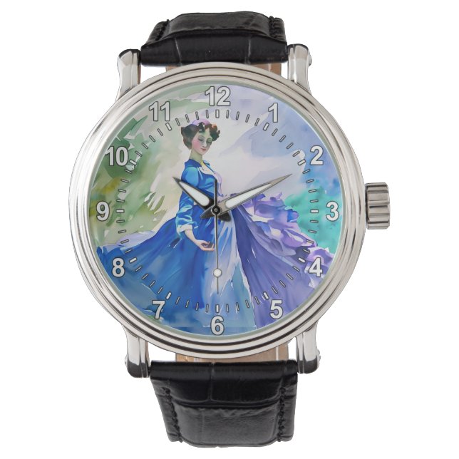 Lady in Blue Dress - Waterverf Schilderij Horloge (Voorkant)