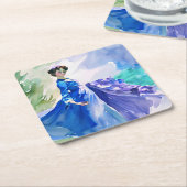 Lady in Blue Dress - Waterverf Schilderij Kartonnen Onderzetters (Schuin)