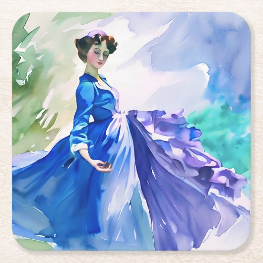 Lady in Blue Dress - Waterverf Schilderij Kartonnen Onderzetters (Voorkant)