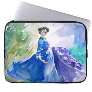 Lady in Blue Dress - Waterverf Schilderij Laptop Sleeve