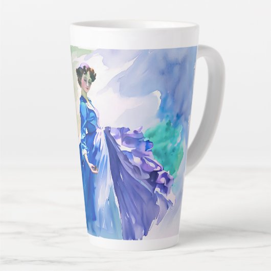 Lady in Blue Dress - Waterverf Schilderij Latte Mok (Rechterhoek)