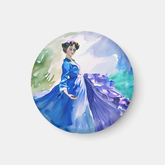 Lady in Blue Dress - Waterverf Schilderij Magneet (Voorkant)