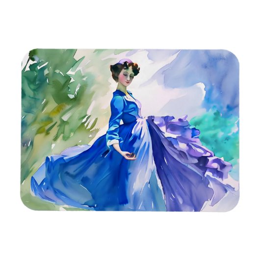 Lady in Blue Dress - Waterverf Schilderij Magneet (Horizontaal)