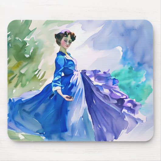Lady in Blue Dress - Waterverf Schilderij Muismat (Voorkant)